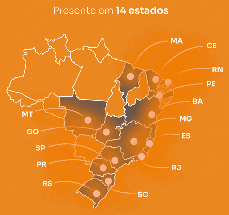 Mapa do Brasil destacando os 14 estados onde a Lotenet atua